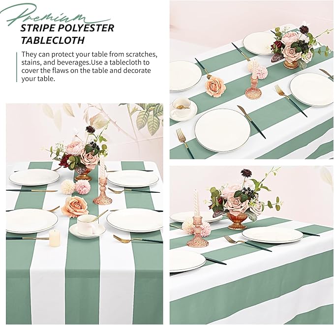 6 Pack Green and White Striped Tablecloth Rectangle 60x84inch Polyester Fabric Washable Table Cloth for Afternoon Tea Table Birthday Party Picnic Barbecue Gathering Indoor Outdoor Dining Decor