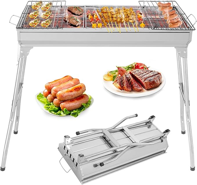 Portable Barbecue Charcoal Grill Folding Lightweight BBQ Tool Kits Stainless Steel Charcoal Grill for Outdoor Cooking Camping Hiking Picnics Backpacking Beach Tailgating, Asadores de Carbon (Silver)