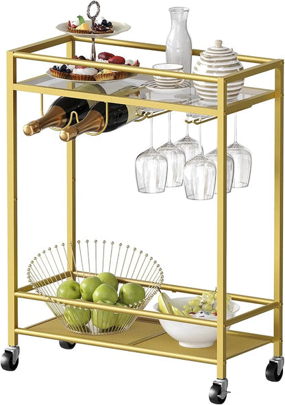 MAHANCRIS Gold Bar Cart, Beverage Cart with Wheels, Bar Cart for The Home, 2-Tier Drink Cart with Wine Rack and Glass Holder, Kitchen, Dining Room, Gold RCJ63B01ZN1