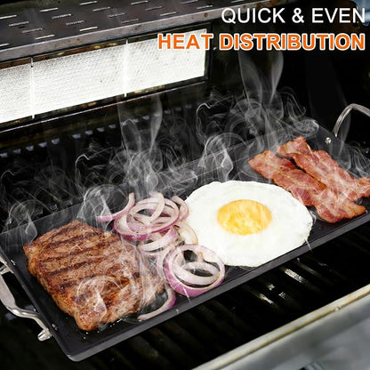 Pre-Seasoned Cast Iron Griddle for Gas Grill, 26.7"x8.6" Ribbed Flat Top Grill Plate for Double Burner, Durable for Gas/Electric/Charcoal Grills, for Stovetop, Camping & BBQ