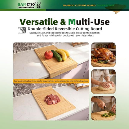 BAMOTTO CRAFTBAMBOO 12.6x22 Inch Bamboo Cutting Board, Over Sink Stove Cover, Detachable Non-Slip Front Lip, Reversible Dual Juice Grooves, Countertop Extension for Small Kitchen RV Camper, 6.04 lbs