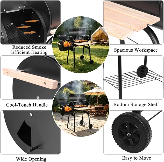 BBQ Grill Charcoal Offset Smoker with Wheel & Storage Shelf & Thermometer,High Temperature Spray Paint 500-600 Degrees,Oil Barrel Charcoal Furnace,Outdoor for Camping,Black