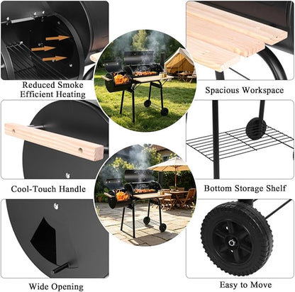 BBQ Grill Charcoal Offset Smoker with Wheel & Storage Shelf & Thermometer,High Temperature Spray Paint 500-600 Degrees,Oil Barrel Charcoal Furnace,Outdoor for Camping,Black