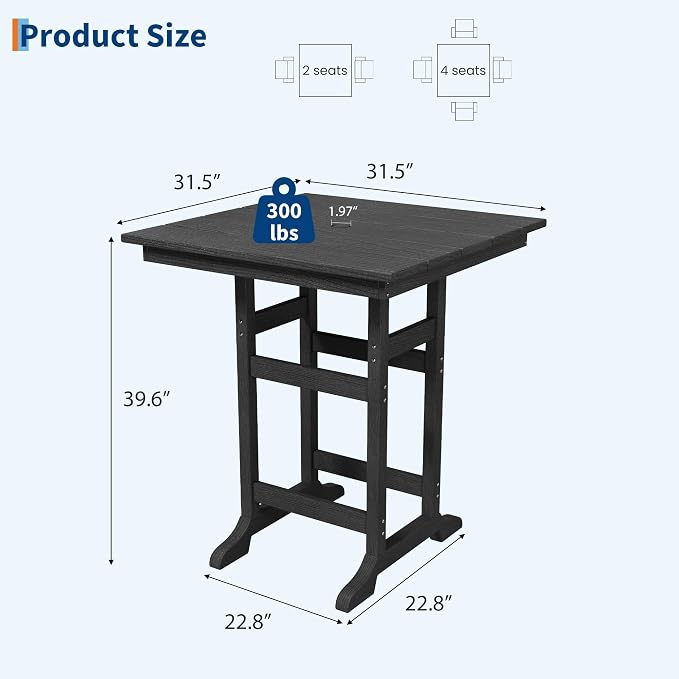 Garvee Outdoor Patio Bar Table for 2-4, All-Weather HDPE Bar Height Table with Umbrella Hole and Spacious Tabletop for Outside,Poolside, Backyard