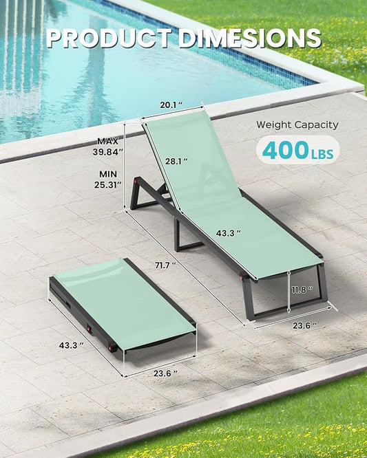 Aluminum Chaise Lounge Chair Outdoor, Foldable& No Assembly Patio Pool Lounge Chairs 5-Position Recliner for Outside, Fully Grounded Legs Sun Lounger for Poolside, Light Green