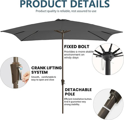 8x10FT Rectangular Patio Umbrella with Crank Lift for Garden,UV Protection Outdoor Umbrella for Deck,Pool and Yard,Grey