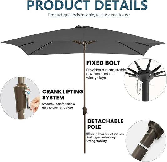 8x10FT Rectangular Patio Umbrella with Crank Lift for Garden,UV Protection Outdoor Umbrella for Deck,Pool and Yard,Grey