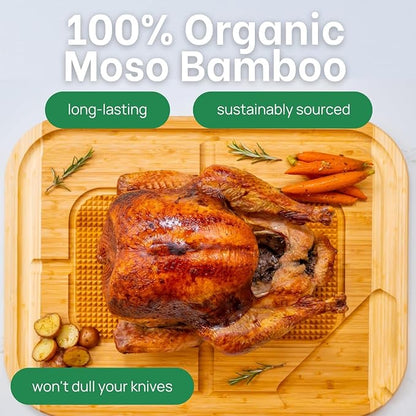 24 Inch Organic Bamboo Extra Large Carving Board with Lifetime Replacements - 2XL Meat Cutting Board and Wooden Butcher Block with Pour Spout, Turkey Platter for Christmas Holiday Essentials