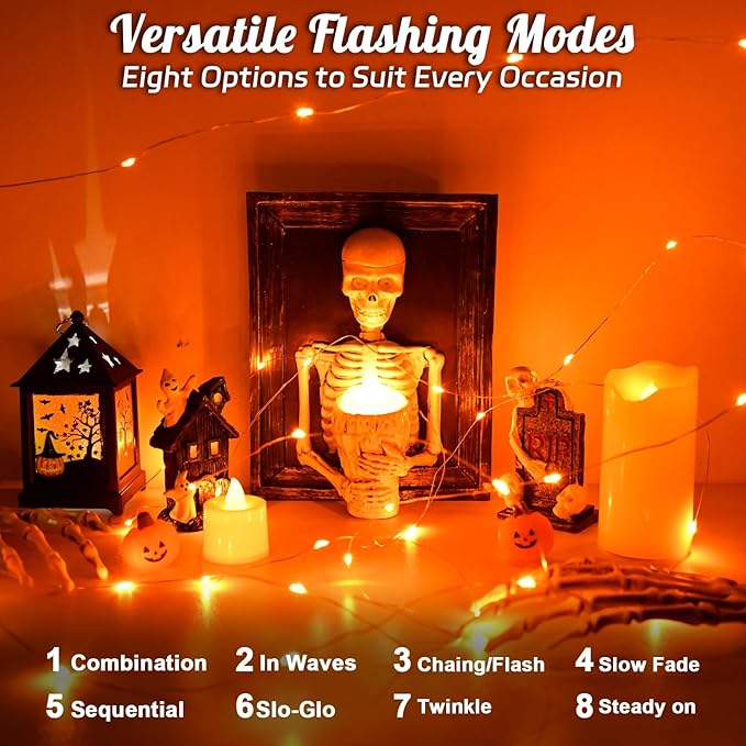 cshare Halloween String Lights Outdoor Waterproof, Solar Fairy Lights 16.4ft 50LED 8 Modes Orange Halloween Lights for Yard Outside Pathway Patio Party Backyard Decorations