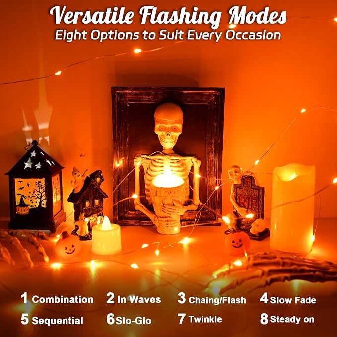 cshare Halloween String Lights Outdoor Waterproof, Orange Solar Fairy Lights 16.4ft 50LED 8 Modes Orange Fall Outdoor Lights for Fall Decor Outside Pathway Patio Party Backyard Decorations (Pack of 2)