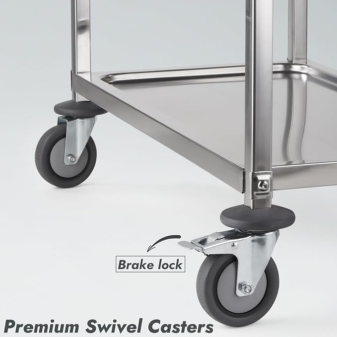 Stainless Steel Serving Trolley, 34" L x 18" W x 36" H 3 Tiered Shelf Kitchen Utility Cart, Rolling Casters Brake Wheel, Commercial Pro for Restaurant/Hotel/Lab/Clinic/Salon/Workshop