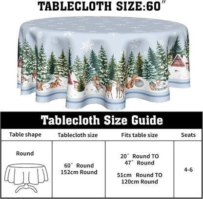Sweetshow Winter Snowflake Blue Table Cloth Round Christmas Tree Deer Squirrel Tablecloth 70 Inch Winter Decor Washable Stain and Wrinkle Resistant Round Table Cover for Dining Party Picnic