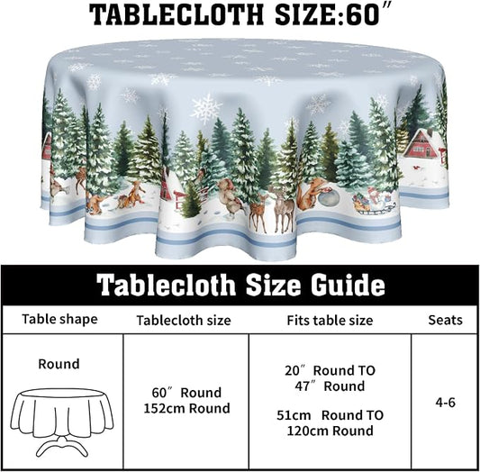 Sweetshow Winter Snowflake Blue Table Cloth Round Christmas Tree Deer Squirrel Tablecloth 70 Inch Winter Decor Washable Stain and Wrinkle Resistant Round Table Cover for Dining Party Picnic