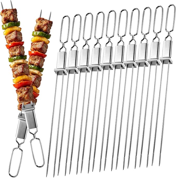 Stainless Steel Skewers for Grilling, 13"（12PCS）Dual-Prong Flat with Slider