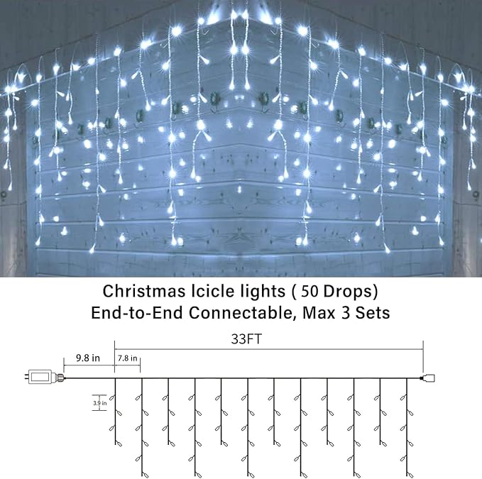 Joomer 33FT Christmas Icicle Lights Outdoor Connectable White | 50 Drops 8 Modes Timer Waterproof Plug-in String Light for Christmas Party, holiday Eaves Roof yard Xmas Decorations