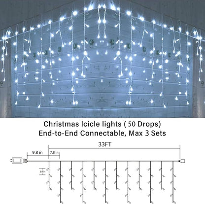 Joomer 33FT Christmas Icicle Lights Outdoor Connectable White | 50 Drops 8 Modes Timer Waterproof Plug-in String Light for Christmas Party, holiday Eaves Roof yard Xmas Decorations
