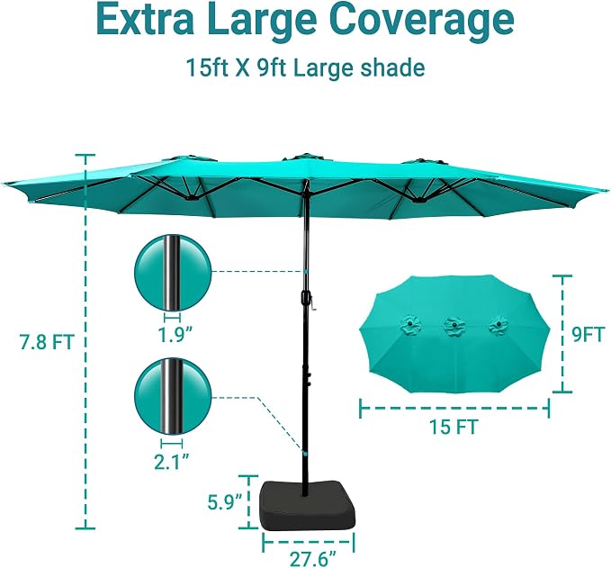 15ft Patio Umbrella with Base, 10-Year-No-Fade Large Outdoor Double-Sided Market Umbrella with UPF50+Terylene Polyester Fabric and Crank for Poolside Garden Deck Backyard Beach Pools