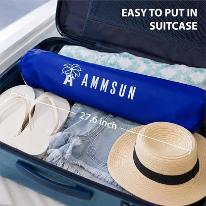 AMMSUN 6.5ft twice folded Portable beach umbrella with sand anchor windproof, Push Button Tilt and Air vent UPF 50+ Protection Fits in a large Suitcase for Patio Garden Beach Pool Backyard Blue