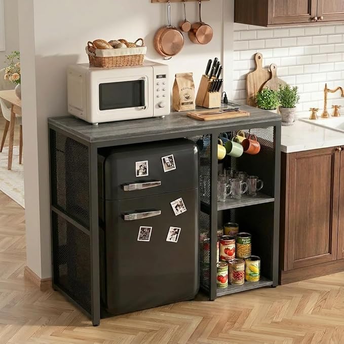 Homieasy Mini Fridge Cabinet with Power Outlet, Coffee Bar Cabinet with Mini Fridge Space, Industrial Liquor Cabinet with Wine Storage & Glass Holder for Dorm, Living Room, Home Kitchen, Grey