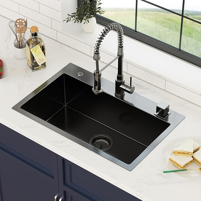 28 Inch Gunmetal Black Drop In Kitchen Sink 28 x 18 Kitchen Sink 18 Gauge Stainless Steel Single Bowl Topmount Sink with Nano Coating, 28x18x9