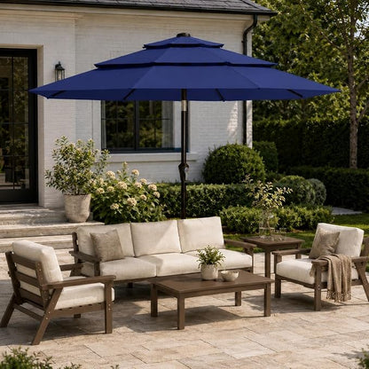 10ft Patio Umbrella, 3-Tier Vented Outdoor Table Umbrella with 8 Sturdy Fiberglass Ribs, Windproof Market Umbrella with Push Button Tilt and Crank, UV Protection for Deck, Pool, Navy Blue