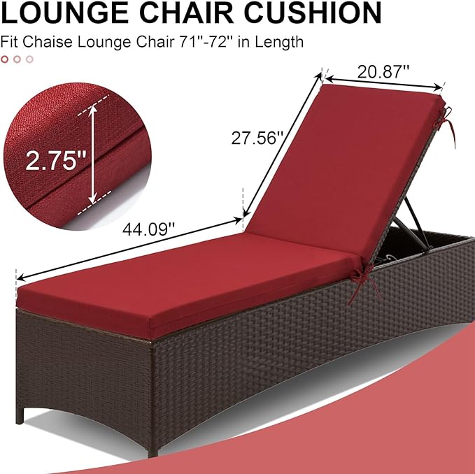Crestlive Products Outdoor Chaise Lounge Cushions Set of 2, Fade Resistant Water Resistant Lounge Chair Cushion, 72''L x 21''W, Chili