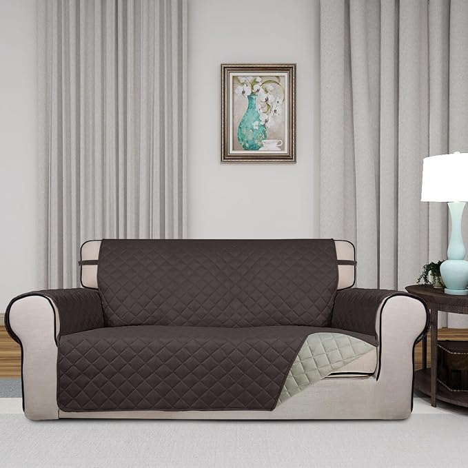 PureFit Reversible Quilted Couch Covers for Dogs Loveseat Sofa Cover 54" | Chocolate/Beige, Water Resistant Couch Protector, Washable Pet Couch Cover with Non Slip and Elastic Straps For Kids