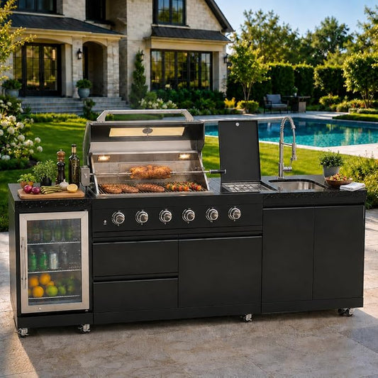98-Inch Outdoor Kitchen Grill Island, 6-Burner 72,000 BTU Propane Gas BBQ Grill with Refrigerator, Rotisserie Kit, Stainless Steel Countertops, Storage Cabinets & Drawers, Black