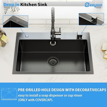 28 Inch Gunmetal Black Drop In Kitchen Sink 28 x 18 Kitchen Sink 18 Gauge Stainless Steel Single Bowl Topmount Sink with Nano Coating, 28x18x9