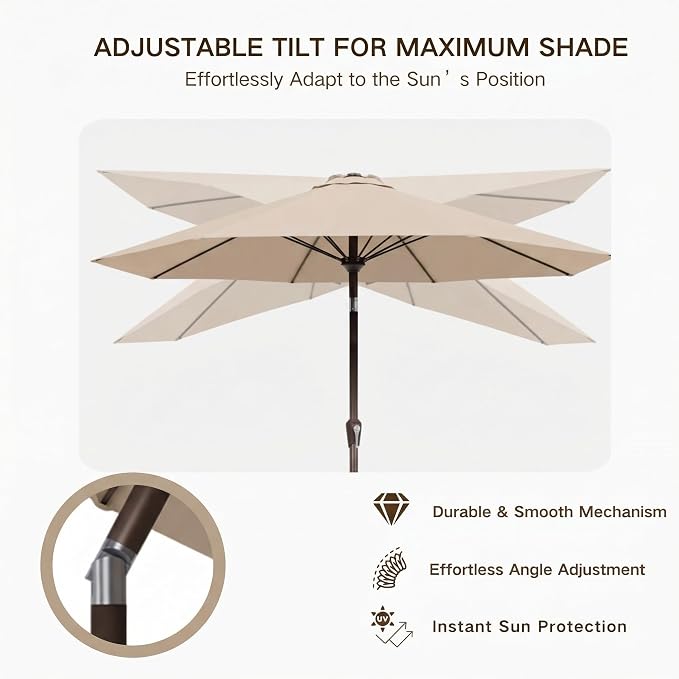 Kingdura 9FT Outdoor Patio Umbrella, Round Market Table Umbrella with Push‑Button Tilt and Crank Lift, 8 Sturdy Metal Ribs, UV50+ Protection Canopy for Backyard, Lawn, Deck, Poolside, Garden (Beige)