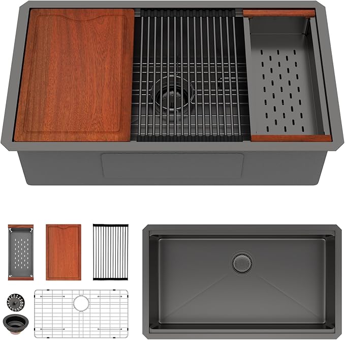 33x19 Inch Black Undermount Kitchen Sink Workstation Nano Coating 304 Stainless Steel 16 Gauge Handmade Under Counter Single Bowl Deep Kitchen Sink Basin,LOF-B9986