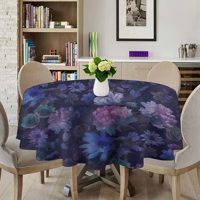 Vintage Flower Round Tablecloth, Gothic Garden Dark Florals Rustic Roses Boho Botanical Plant Water Resistant Wipeable Table Cover for Picnic Party Holiday Kitchen Dinner Table 50"