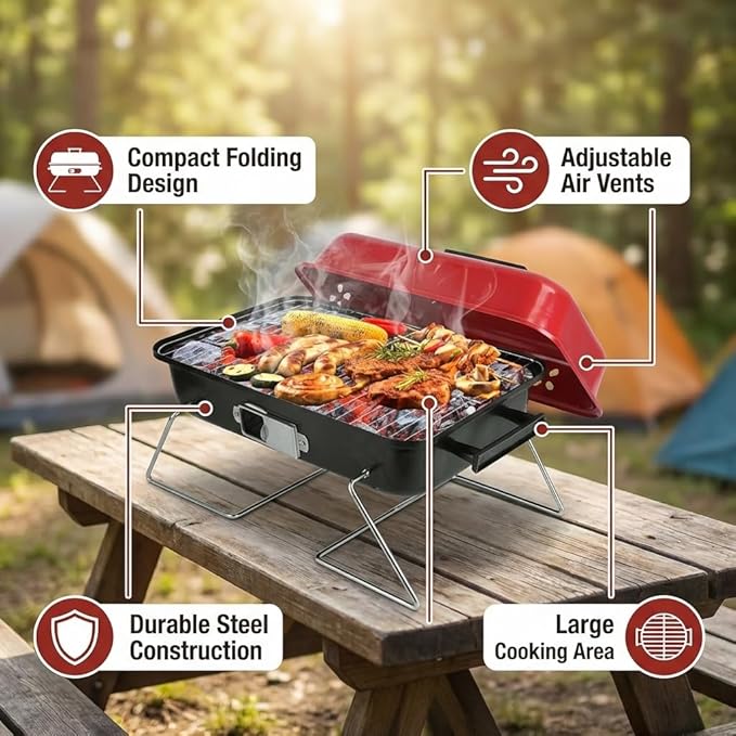 Portable Charcoal Grill, Outdoor Tabletop BBQ Grill, Compact Folding Barbecue Smoker with Lid for Backyard Camping Picnics Beach, Small Charcoal Grill with Ventilated Cooking Chamb