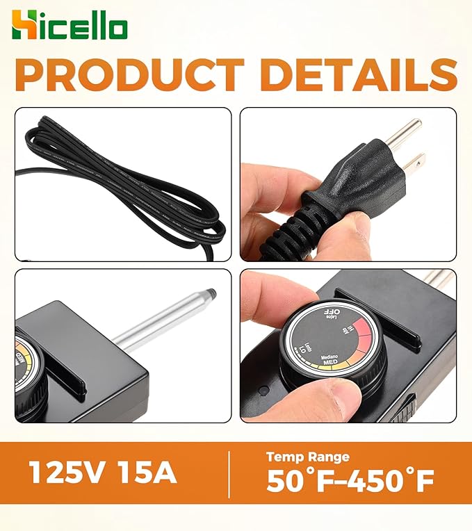 Replacement Power Cord with Adjustable Thermostat Control – 125V 15A, 50°F–450°F Temp Range, Compatible with Electric Smokers, Griddles & Fryers Heating Elements (NOT Universal)