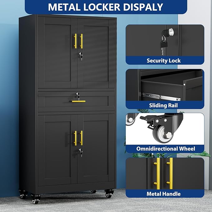 Ckzbx Metal Garage Storage Cabinet with Locking Drawers and Adjustable Shelves,71" H Steel File Cabinet with Wheels for Garage,Office (Black)