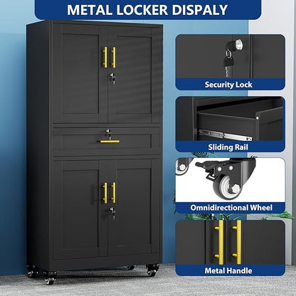 Ckzbx Metal Garage Storage Cabinet with Locking Drawers and Adjustable Shelves,71" H Steel File Cabinet with Wheels for Garage,Office (Black)
