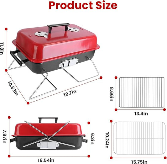Portable Charcoal Grill, 19.7x10.63x11.8in Folding Outdoor Tabletop BBQ Grill, Small Barbecue Smoker Grill with Lid for Outdoor Cooking Backyard Camping Picnics Beach
