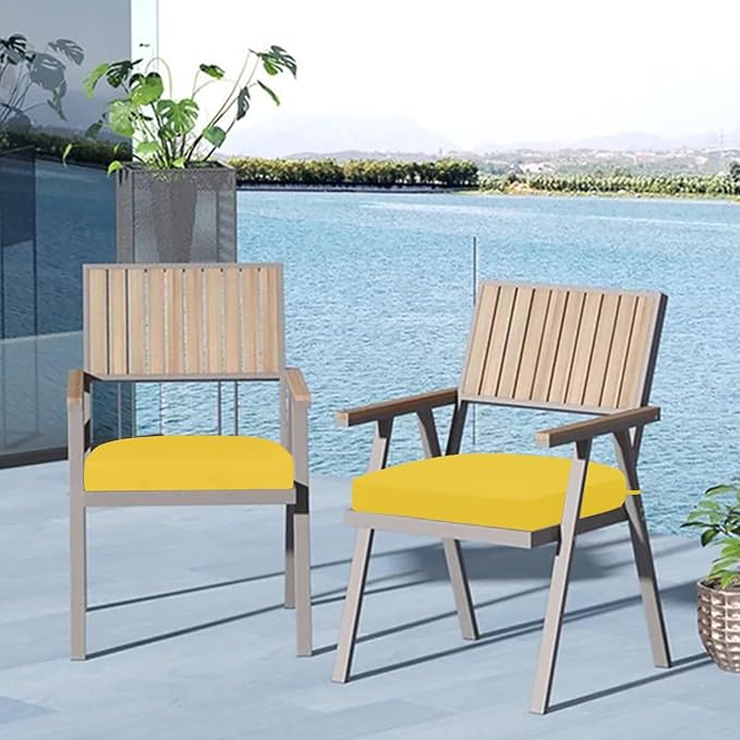 Cozyide Outdoor Chair Cushions, Waterproof Patio Seat Cushions with Adjustable Straps, Round Corner Patio Chair Cushions for Garden, Yellow, 17x16x2 Inch (Pack of 2)
