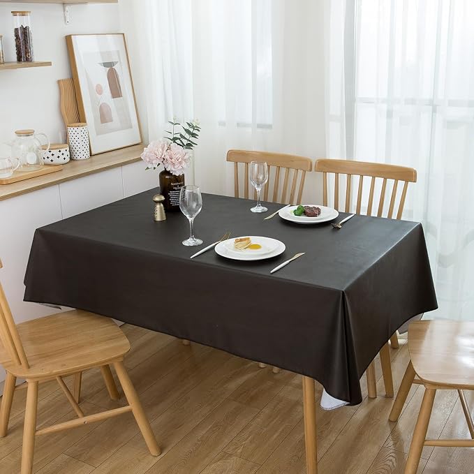 LIBERECOO Vinyl Tablecloth with Flannel Backing, Solid Black, Waterproof, Stain-Resistant, Easy-Clean Table Cover for Dining, Kitchen, and Outdoor Use, 60" x 84" Rectangle