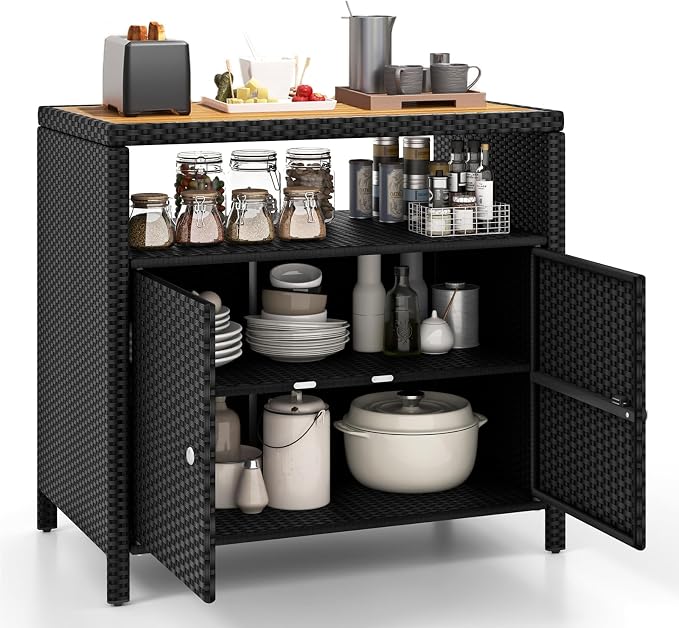 Wicker Outdoor Storage Cabinet, Rattan Patio Bar Table with Acacia Wood Countertop, Open Compartment & 2 Doors, Outdoor Buffet Cabinet Sideboard for Poolside, Garden, Backyard (Black)