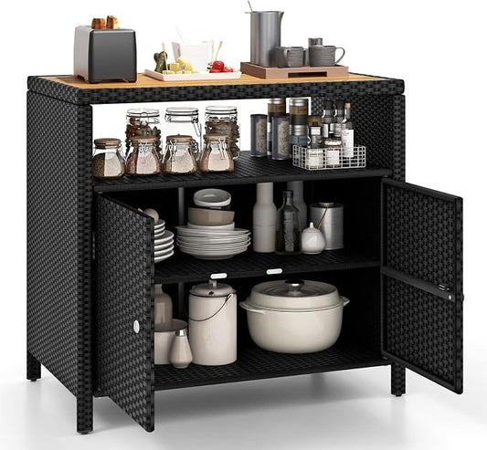 Wicker Outdoor Storage Cabinet, Rattan Patio Bar Table with Acacia Wood Countertop, Open Compartment & 2 Doors, Outdoor Buffet Cabinet Sideboard for Poolside, Garden, Backyard (Black)