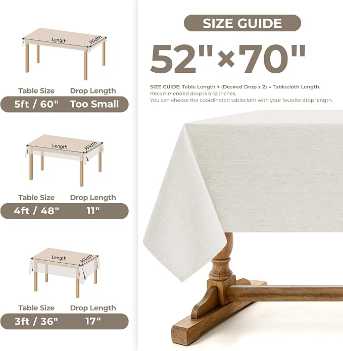 Decorelia Table Cloth for Rectangle Dining Table, Faux Linen Waterproof Texture Farmhouse Washable Rectangular Tablecloth Cover for Birthday, Party, Picnics, Wedding Decor(Ivory, 52 x70 Inch)
