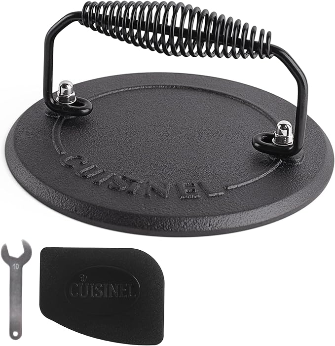 Cuisinel Grill Press - Cast Iron Burger Press for Bacon, Steak and Smashed Hamburgers - 7.5" Round Pre-Seasoned 4-lb. Weight Sandwich/Panini Maker - Griddle, BBQ, Grill Accessory