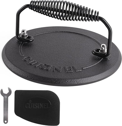 Cuisinel Grill Press - Cast Iron Burger Press for Bacon, Steak and Smashed Hamburgers - 7.5" Round Pre-Seasoned 4-lb. Weight Sandwich/Panini Maker - Griddle, BBQ, Grill Accessory