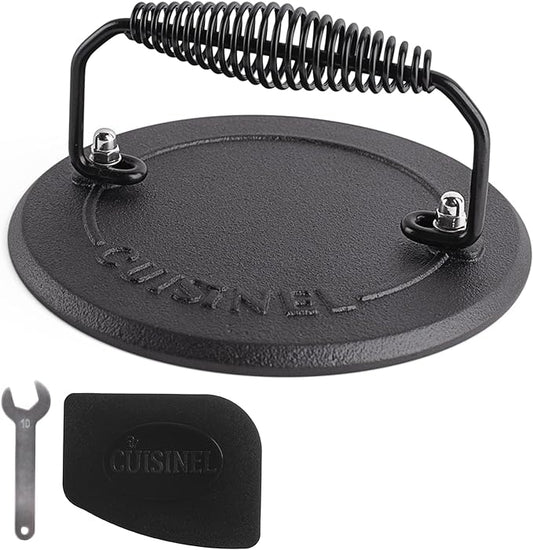 Cuisinel Grill Press - Cast Iron Burger Press for Bacon, Steak and Smashed Hamburgers - 7.5" Round Pre-Seasoned 4-lb. Weight Sandwich/Panini Maker - Griddle, BBQ, Grill Accessory