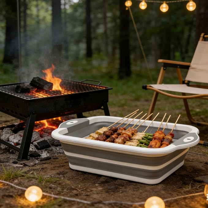 3-in-1 Collapsible Camping Cutting Board Space-Saving BBQ Prep Tub with Lid | Foldable Tray Camping Sink Dish Tub, 2.38Gal, Folds to 1.5" Thin for Meat and Fruits in Kitchen RV Picnic BBQ Camping (Grey)