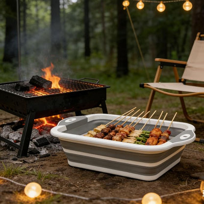 3-in-1 Collapsible Camping Cutting Board Space-Saving BBQ Prep Tub with Lid | Foldable Tray Camping Sink Dish Tub, 2.38Gal, Folds to 1.5" Thin for Meat and Fruits in Kitchen RV Picnic BBQ Camping (Grey)