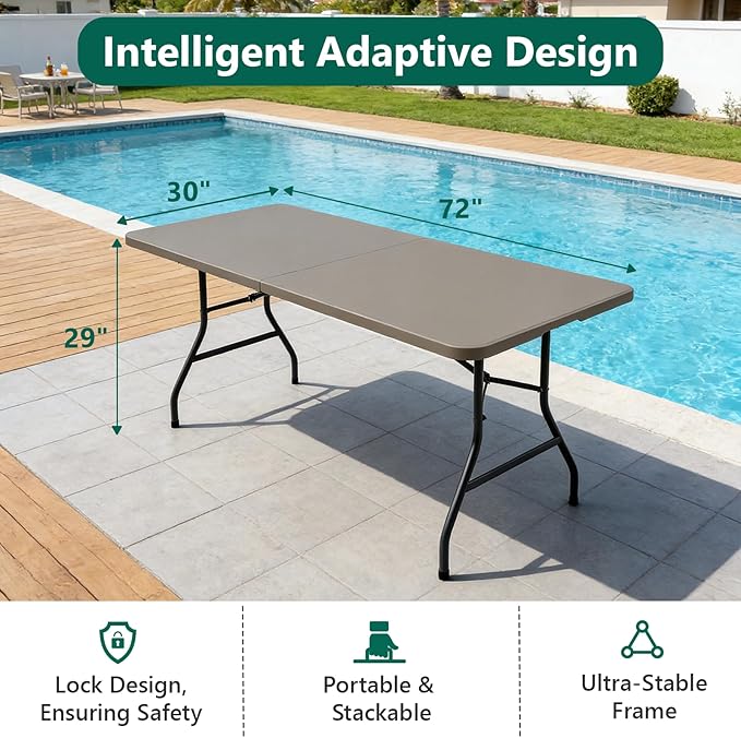 6FT Folding Table, Heavy Duty Plastic Fold-in-Half Utility Table with Handle, Portable Camping Picnic Table with Steel Legs for Indoor Outdoor Party, Dining, Khaki,2 Pack