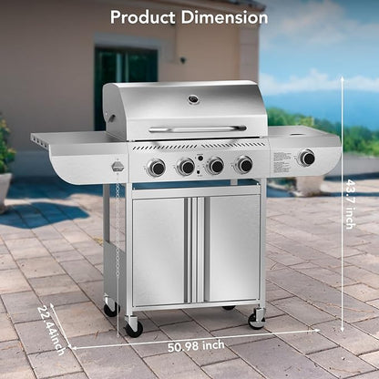 Electactic G41 Pro Gas Grill,Heavy-Duty Stainless Steel BBQ Grill,4 Burner Gas Grill with Side Burner,42000 BTU Propane Grill for Outdoor Cooking,Barbecue,Garden and Patio Backyard