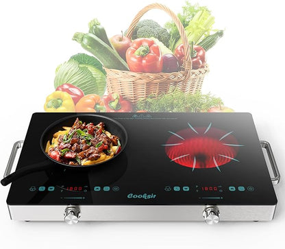 2 Burner Electric Cooktop - 24 Inch Portable Electric Stovetop 110V, 2000W Countertop Tow Burner Ceramic Cooktop with LCD Control Panel, Child Lock, Timer, Knob Control with Plug (Green)